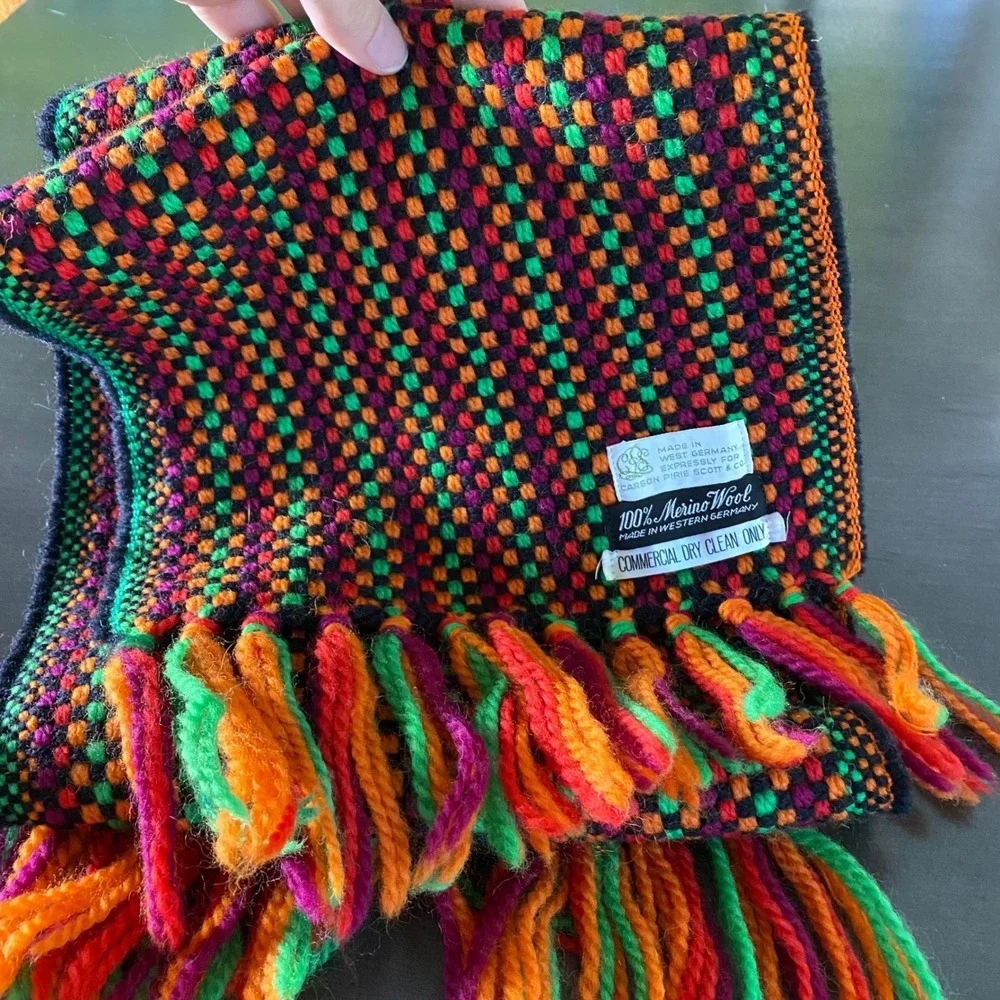 Vintage Carson Pirie Scott Merino Wool Scarf West Germany Multi Color Woven 46in